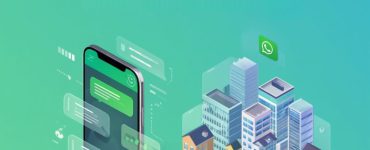 Illustration of real estate agents using WhatsApp for lead generation, chat automation, property inquiries, and customer engagement, showing messaging icons, houses, and digital marketing elements.