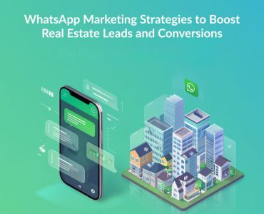 Illustration of real estate agents using WhatsApp for lead generation, chat automation, property inquiries, and customer engagement, showing messaging icons, houses, and digital marketing elements.