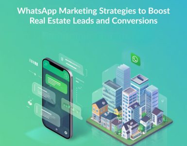 Illustration of real estate agents using WhatsApp for lead generation, chat automation, property inquiries, and customer engagement, showing messaging icons, houses, and digital marketing elements.