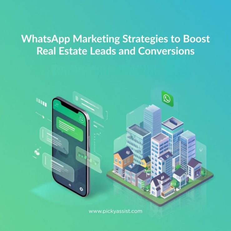 Illustration of real estate agents using WhatsApp for lead generation, chat automation, property inquiries, and customer engagement, showing messaging icons, houses, and digital marketing elements.