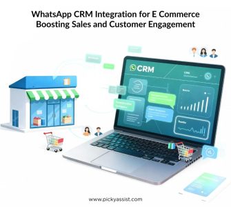 Illustration of WhatsApp chat integrated with an e-commerce CRM dashboard, showing automated customer interactions, shopping carts, and real-time engagement.