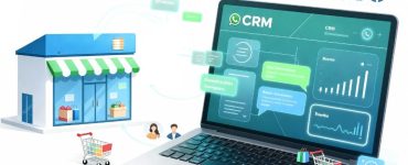 Illustration of WhatsApp chat integrated with an e-commerce CRM dashboard, showing automated customer interactions, shopping carts, and real-time engagement.