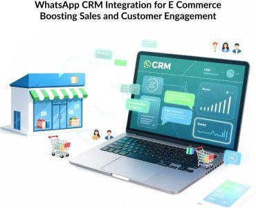 Illustration of WhatsApp chat integrated with an e-commerce CRM dashboard, showing automated customer interactions, shopping carts, and real-time engagement.