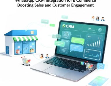 Illustration of WhatsApp chat integrated with an e-commerce CRM dashboard, showing automated customer interactions, shopping carts, and real-time engagement.