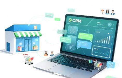 Illustration of WhatsApp chat integrated with an e-commerce CRM dashboard, showing automated customer interactions, shopping carts, and real-time engagement.