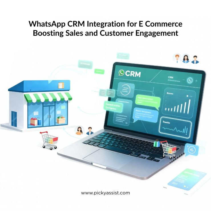 Illustration of WhatsApp chat integrated with an e-commerce CRM dashboard, showing automated customer interactions, shopping carts, and real-time engagement.