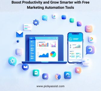Modern workspace illustration showing marketing automation dashboards, email and chat workflows, and app integrations for business productivity.