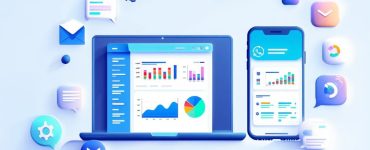 Modern workspace illustration showing marketing automation dashboards, email and chat workflows, and app integrations for business productivity.