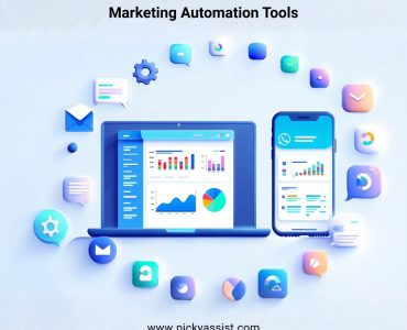 Modern workspace illustration showing marketing automation dashboards, email and chat workflows, and app integrations for business productivity.