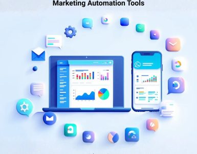 Modern workspace illustration showing marketing automation dashboards, email and chat workflows, and app integrations for business productivity.