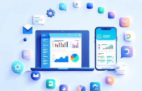 Modern workspace illustration showing marketing automation dashboards, email and chat workflows, and app integrations for business productivity.