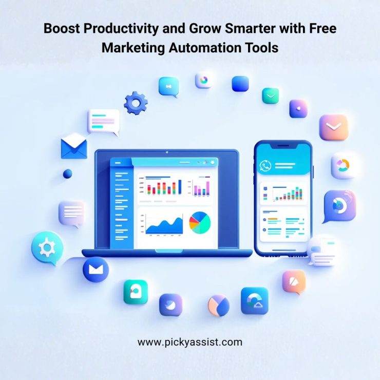 Modern workspace illustration showing marketing automation dashboards, email and chat workflows, and app integrations for business productivity.