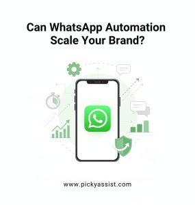 Illustration of WhatsApp automation tools on a smartphone with icons for chatbots, messaging, and business growth, representing scaling a brand through automation