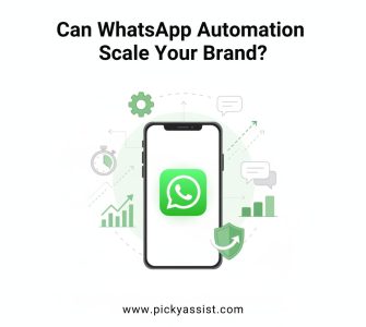 Illustration of WhatsApp automation tools on a smartphone with icons for chatbots, messaging, and business growth, representing scaling a brand through automation