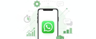 Illustration of WhatsApp automation tools on a smartphone with icons for chatbots, messaging, and business growth, representing scaling a brand through automation