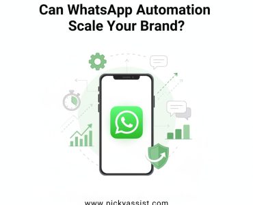 Illustration of WhatsApp automation tools on a smartphone with icons for chatbots, messaging, and business growth, representing scaling a brand through automation