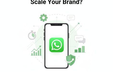 Illustration of WhatsApp automation tools on a smartphone with icons for chatbots, messaging, and business growth, representing scaling a brand through automation