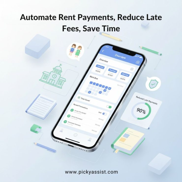 Automated rent payment dashboard illustrating reduced late payments and monthly time savings