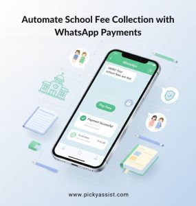 Automated school fee collection using a WhatsApp payment gateway displayed on a smartphone with digital school icons