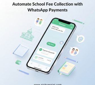 Automated school fee collection using a WhatsApp payment gateway displayed on a smartphone with digital school icons