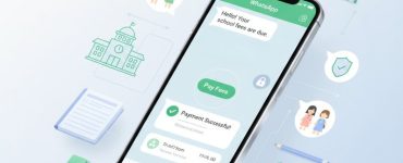Automated school fee collection using a WhatsApp payment gateway displayed on a smartphone with digital school icons