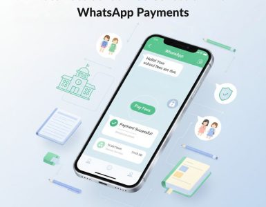 Automated school fee collection using a WhatsApp payment gateway displayed on a smartphone with digital school icons