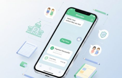 Automated school fee collection using a WhatsApp payment gateway displayed on a smartphone with digital school icons