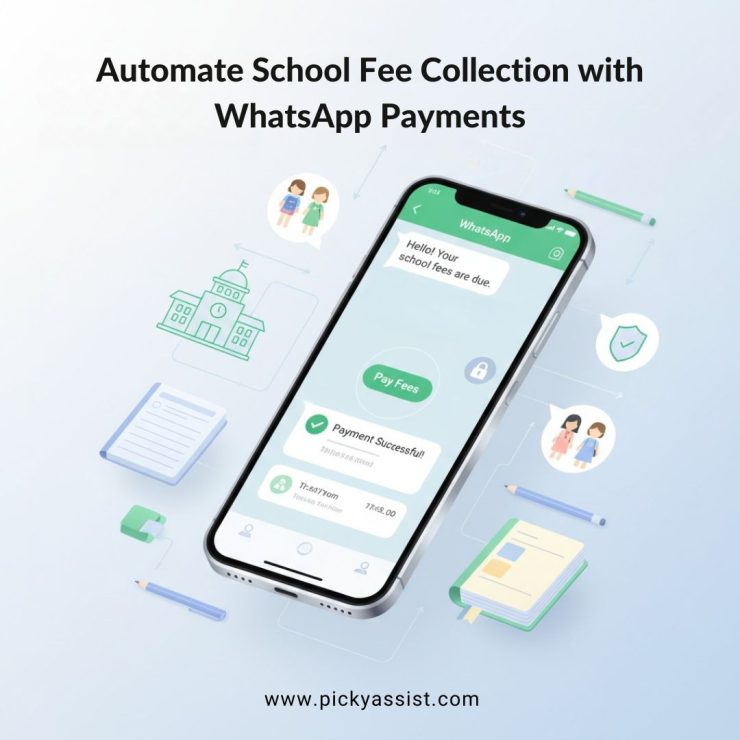 Automated school fee collection using a WhatsApp payment gateway displayed on a smartphone with digital school icons