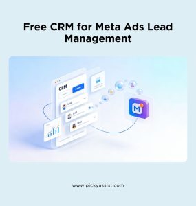 Illustration of a free CRM managing Meta Ads leads with automated workflow and dashboard interface.