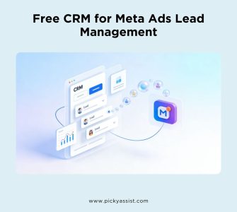 Illustration of a free CRM managing Meta Ads leads with automated workflow and dashboard interface.