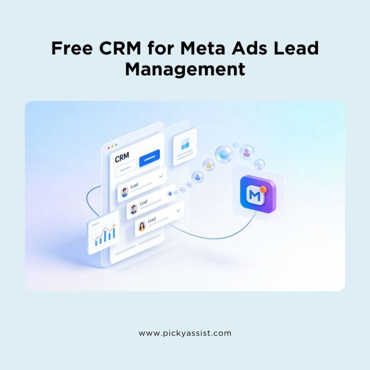 Illustration of a free CRM managing Meta Ads leads with automated workflow and dashboard interface.
