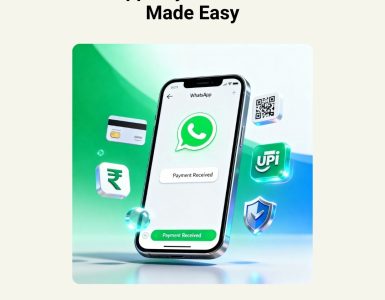 Smartphone displaying WhatsApp Pay with secure business payment icons