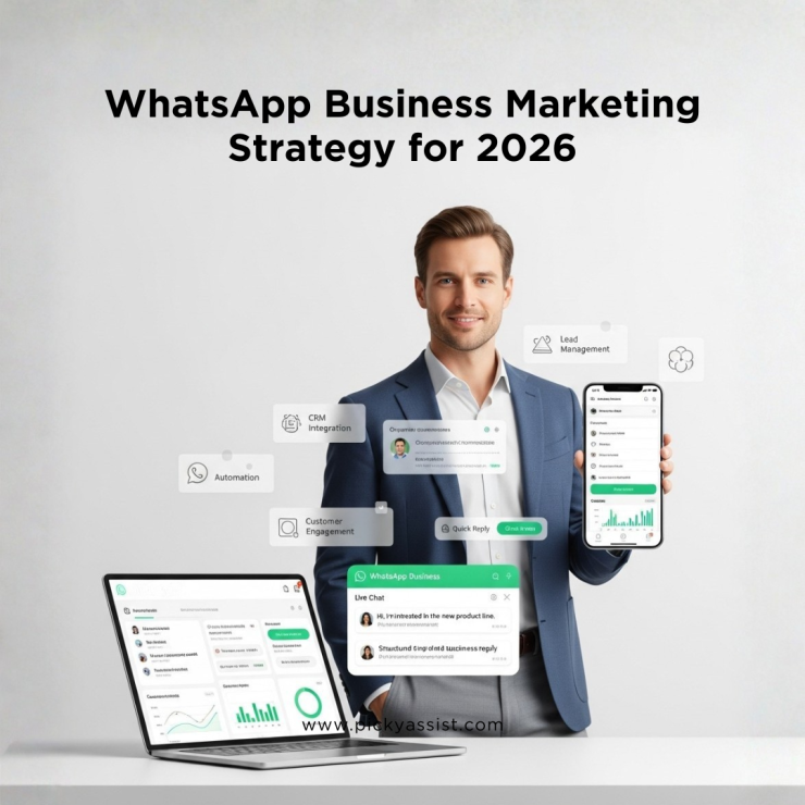 WhatsApp Business marketing strategy for 2026 showing automated conversations and CRM integration – Picky Assist