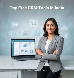 Businesswoman standing beside a laptop displaying CRM dashboards and analytics, representing the best free CRM software in India.