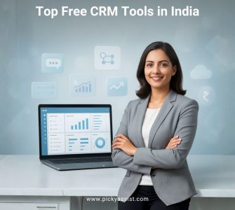 Businesswoman standing beside a laptop displaying CRM dashboards and analytics, representing the best free CRM software in India.