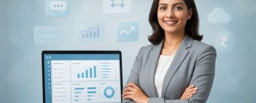 Businesswoman standing beside a laptop displaying CRM dashboards and analytics, representing the best free CRM software in India.