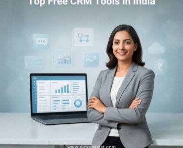 Businesswoman standing beside a laptop displaying CRM dashboards and analytics, representing the best free CRM software in India.