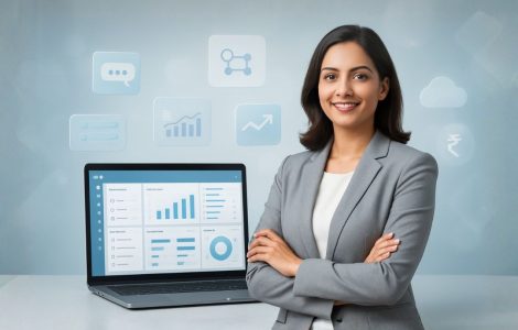 Businesswoman standing beside a laptop displaying CRM dashboards and analytics, representing the best free CRM software in India.