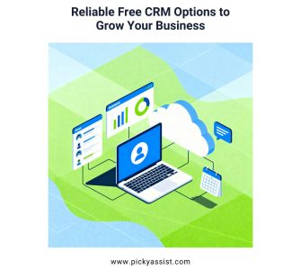 Illustration showing free CRM software tools and dashboards for business management.