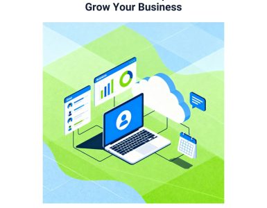 Illustration showing free CRM software tools and dashboards for business management.