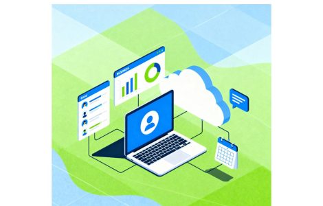 Illustration showing free CRM software tools and dashboards for business management.