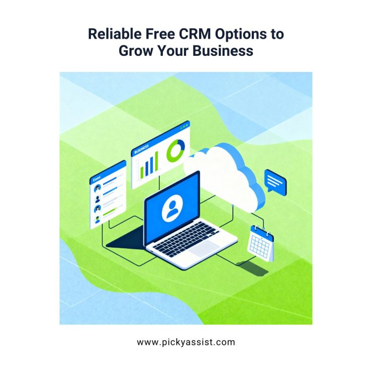 Illustration showing free CRM software tools and dashboards for business management.