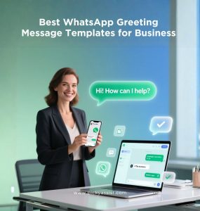 WhatsApp Business greeting message templates and tips illustrated with a professional model.