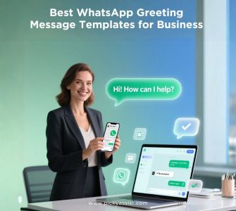 WhatsApp Business greeting message templates and tips illustrated with a professional model.