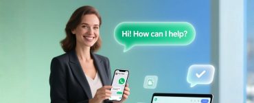 WhatsApp Business greeting message templates and tips illustrated with a professional model.