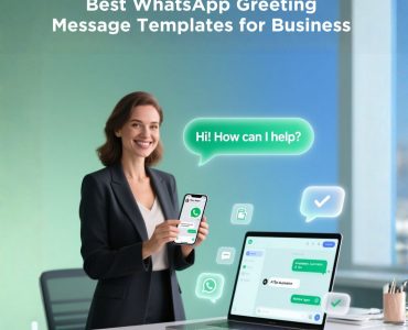 WhatsApp Business greeting message templates and tips illustrated with a professional model.