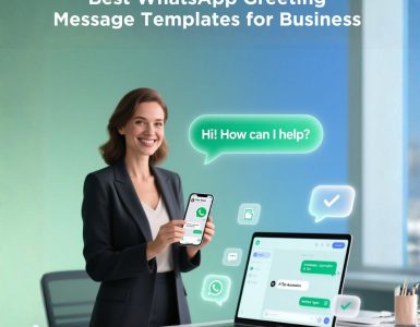 WhatsApp Business greeting message templates and tips illustrated with a professional model.