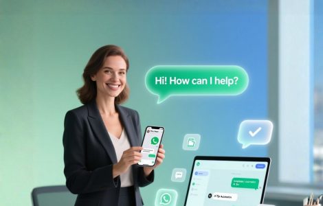 WhatsApp Business greeting message templates and tips illustrated with a professional model.