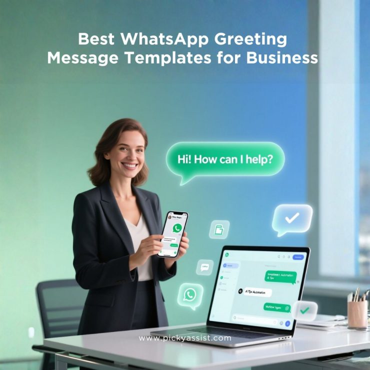 WhatsApp Business greeting message templates and tips illustrated with a professional model.