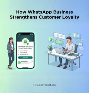 “Business owner showcasing WhatsApp Business account profile to build customer trust and brand loyalty.
